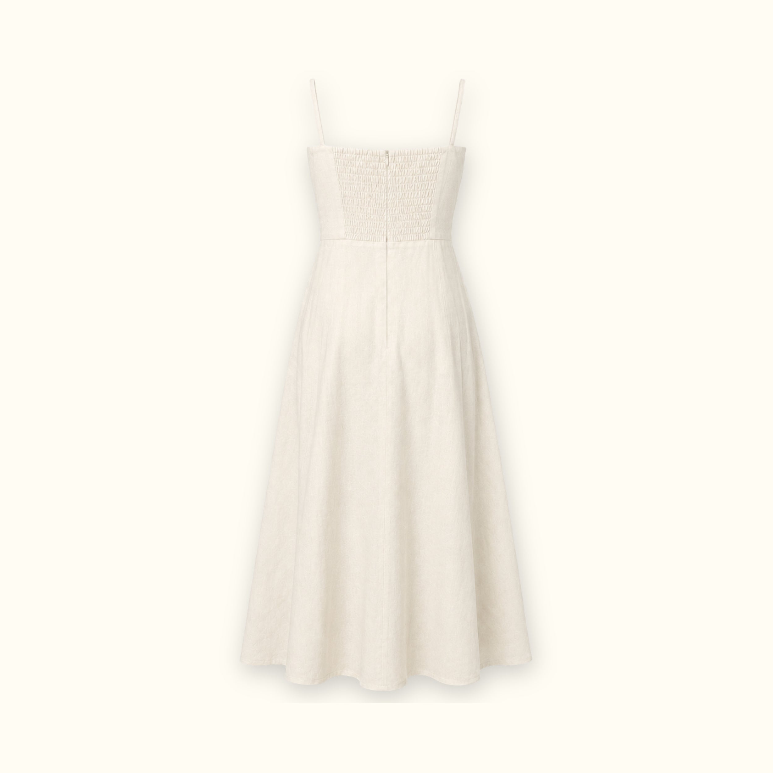 Vestido midi de lino en Off White, vista trasera, mostrando el escote y la silueta del vestido