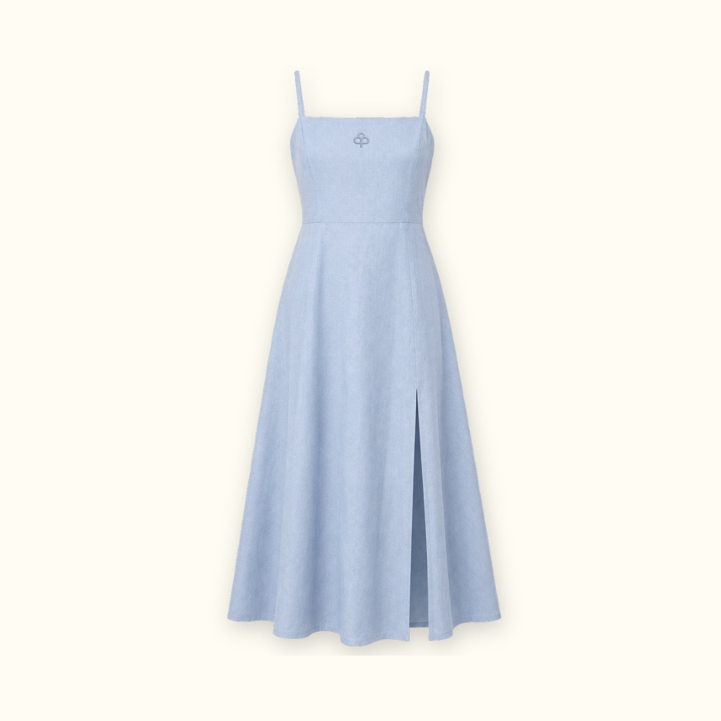 Vestido midi de lino en azul claro, vista frontal, mostrando el escote y la silueta del vestido