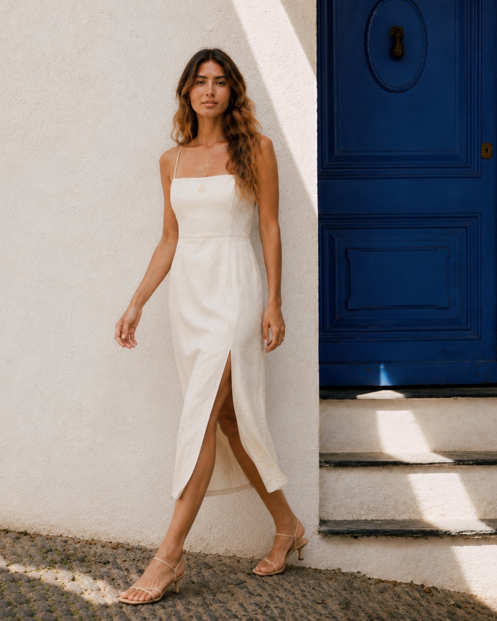 Linen Midi Dress in Off White, lifestyle view 3, showing neckline and dress silhouette