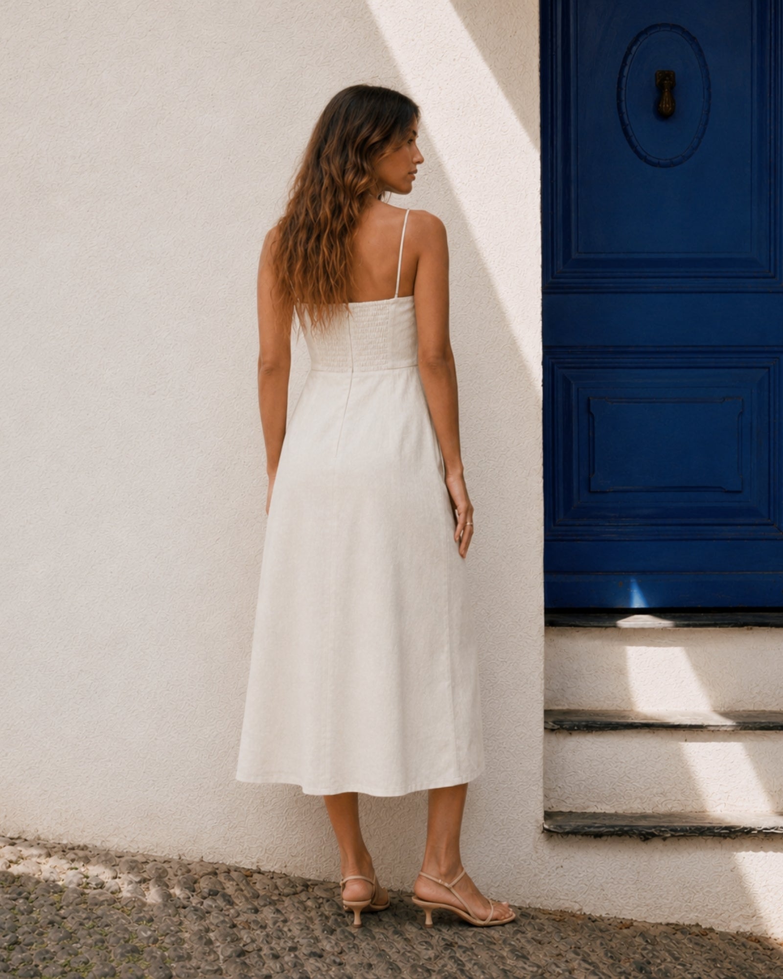 Linen Midi Dress in Off White, lifestyle view 4, showing neckline and dress silhouette