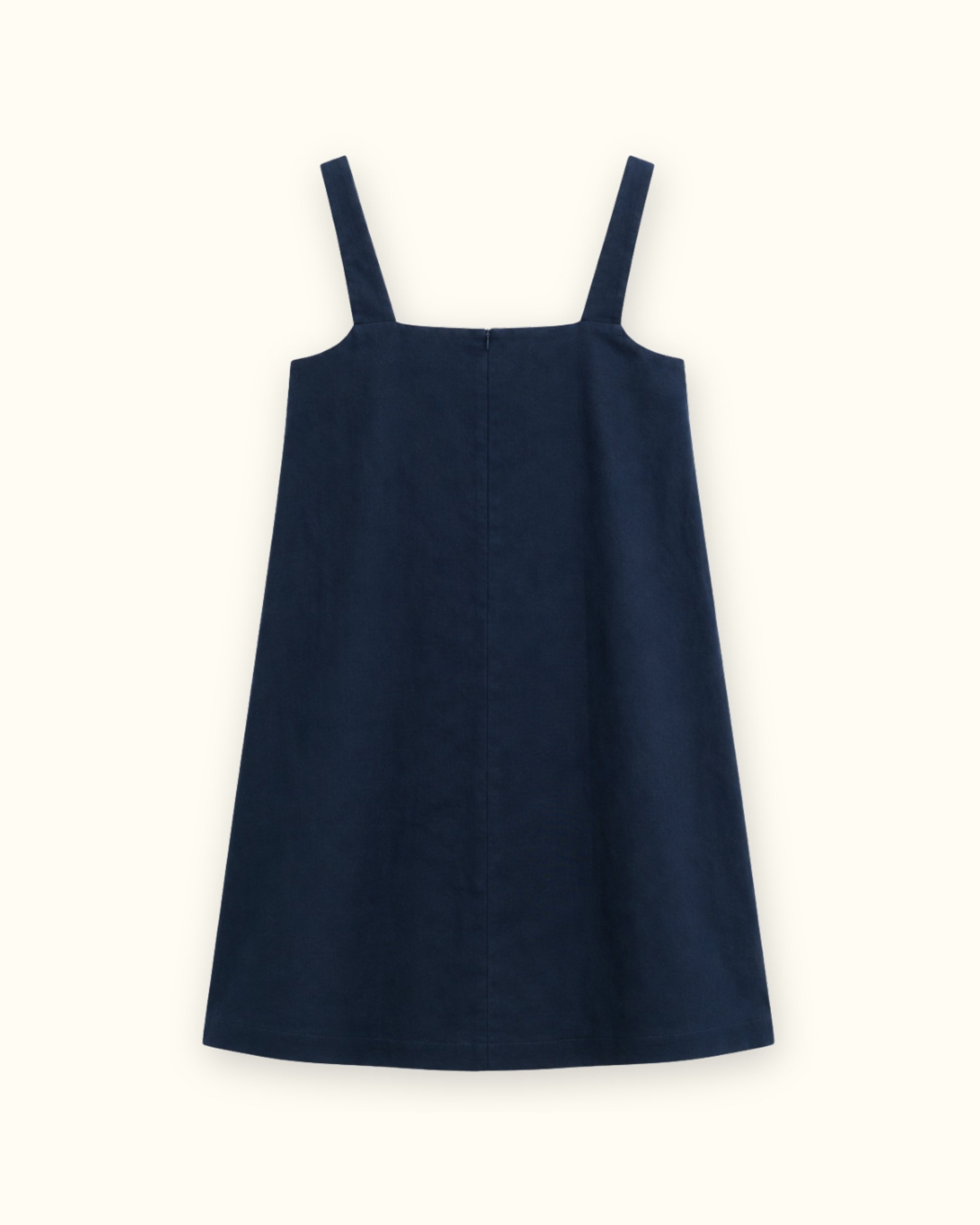 Mini-Leinenkleid in Marineblau, Rückansicht, mit Ausschnitt und Kleidersilhouette