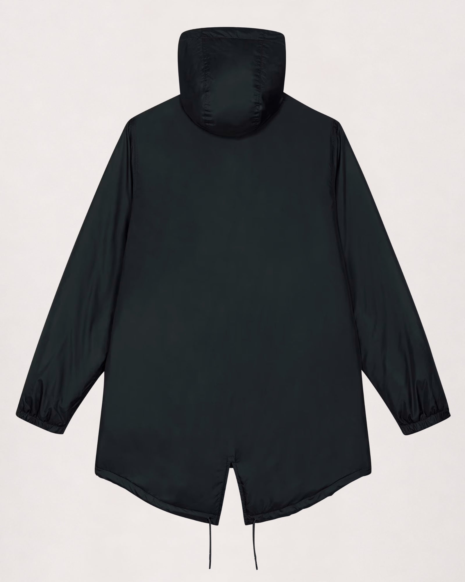 Padded parka in black, flat lay back view with fishtail hem and drawcord