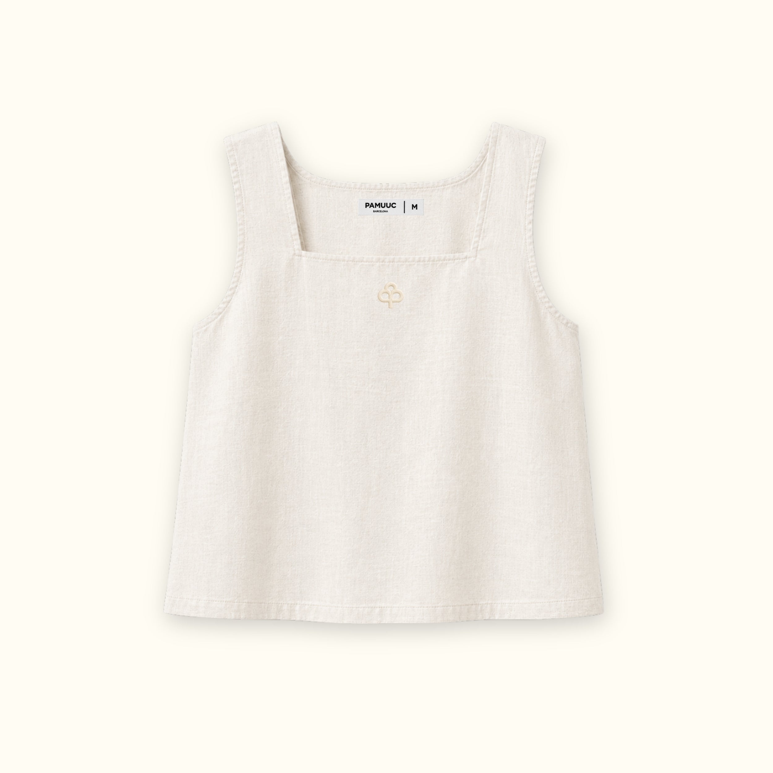 Top de lino con escote cuadrado en Off White, vista frontal, mostrando el escote y la silueta sin mangas