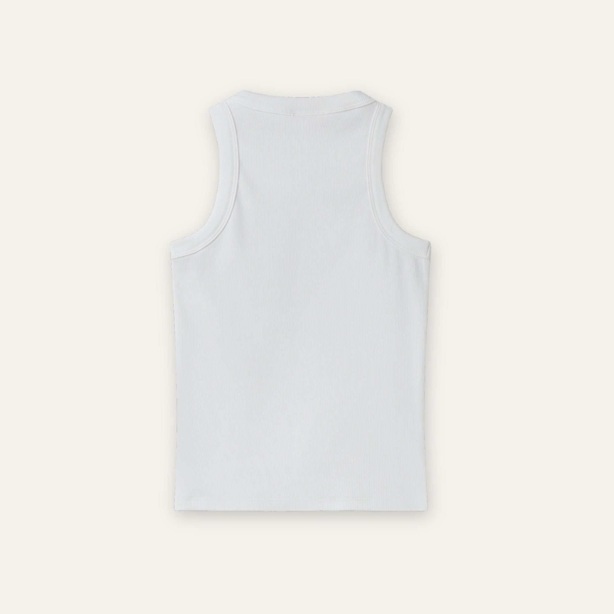 Witte geribbelde katoenen tanktop, afwisselend achteraanzicht met rechte zoom en glad aansluitend silhouet