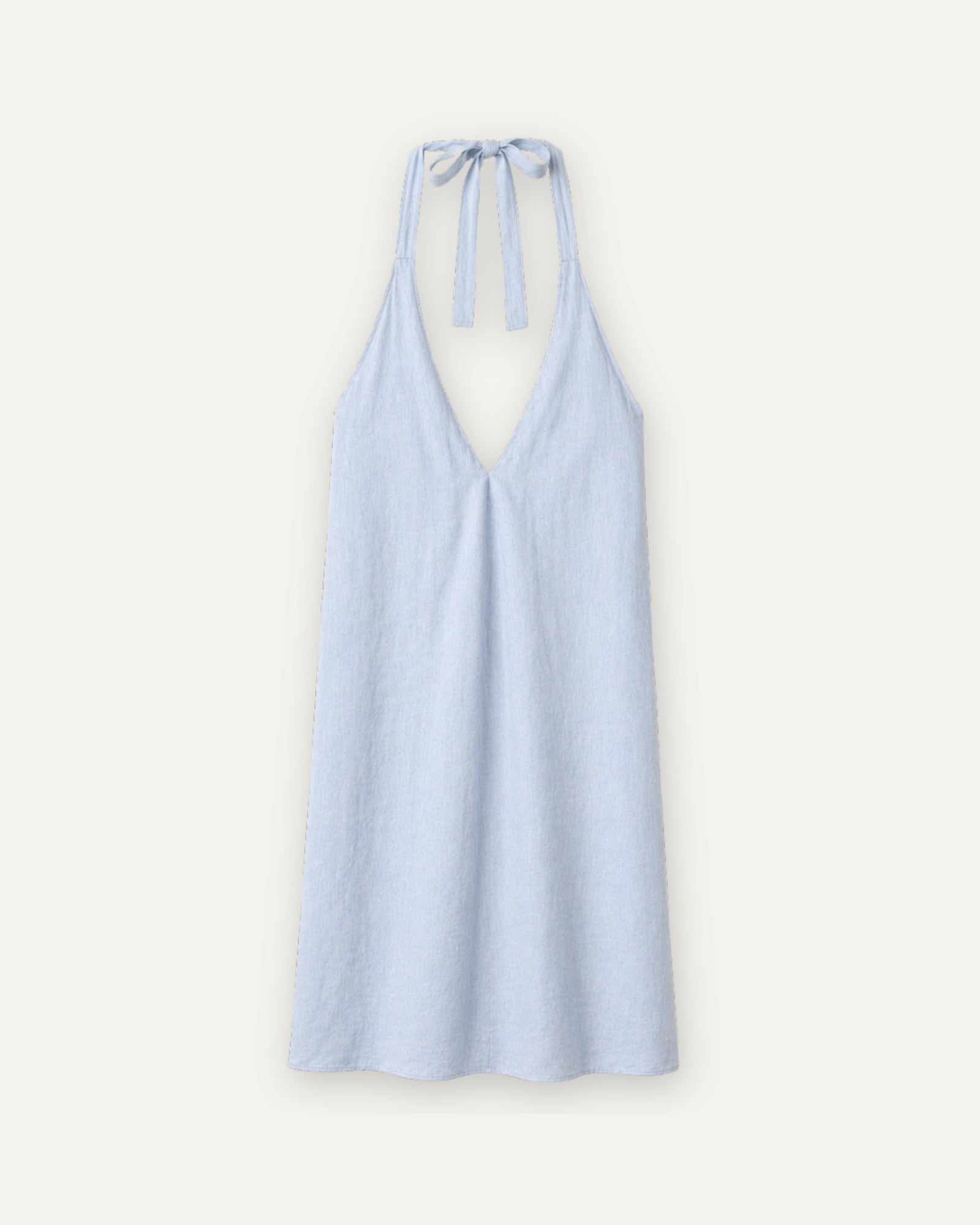 Neckholder-Leinenkleid in Hellblau, Vorderansicht, mit Ausschnitt und Kleidersilhouette