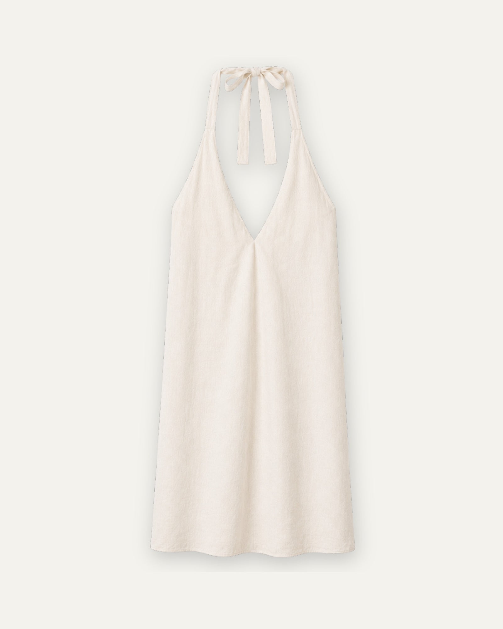 Neckholder-Leinenkleid in Off white, Vorderansicht, mit Ausschnitt und Kleidersilhouette