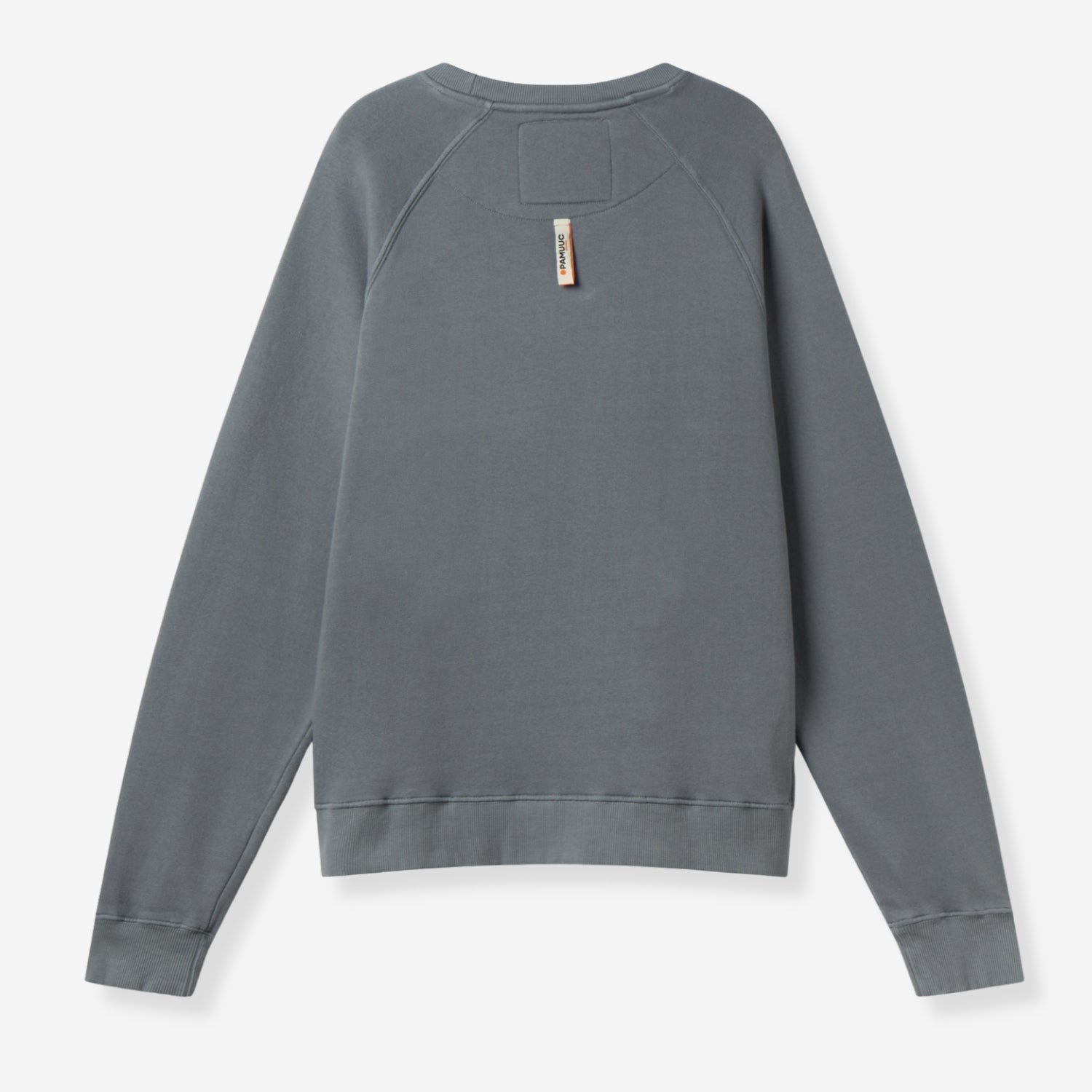 Back view of grey crewneck sweatshirt with small label near neckline.