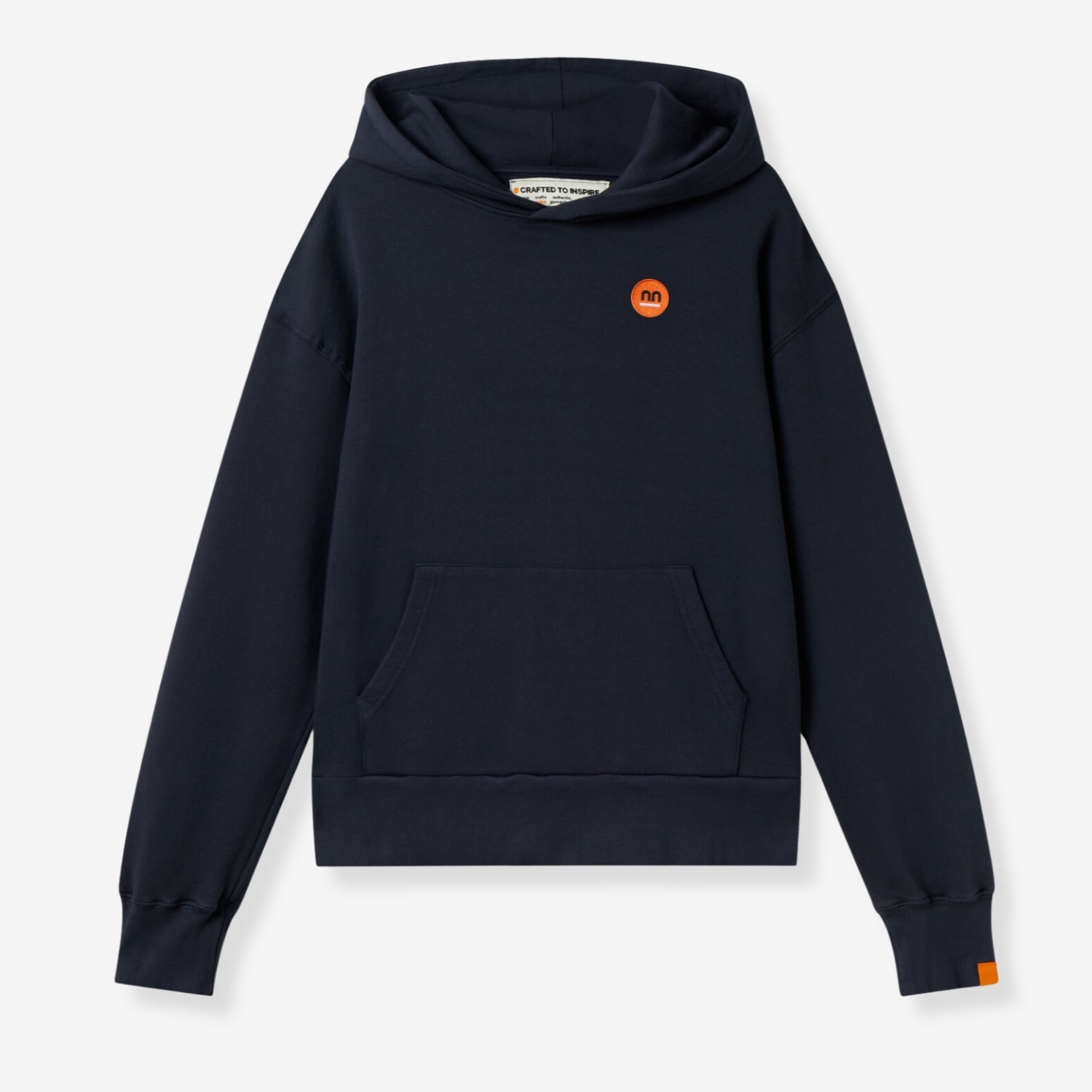 Navy hoodie with small orange Pamuuc isotope logo on the front.