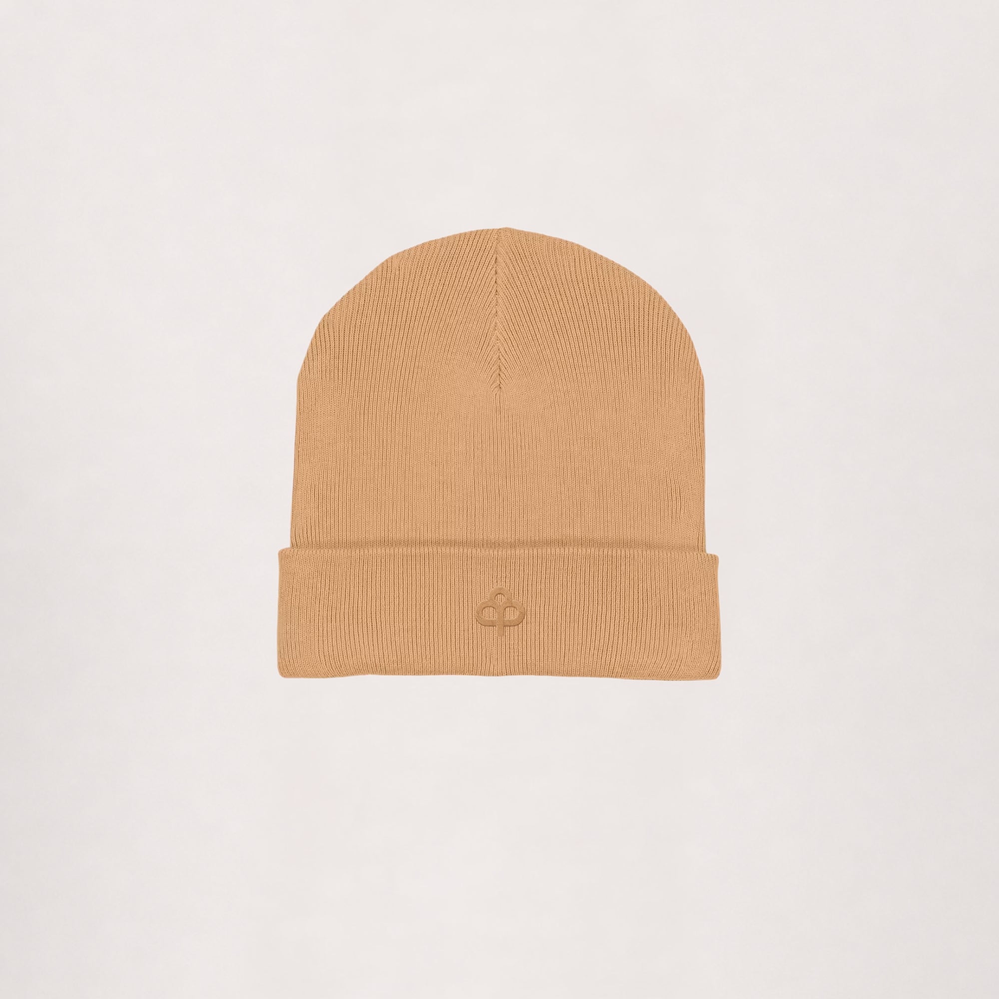Ribbed beanie in camel, flat lay with turn-up cuff and embroidered logo