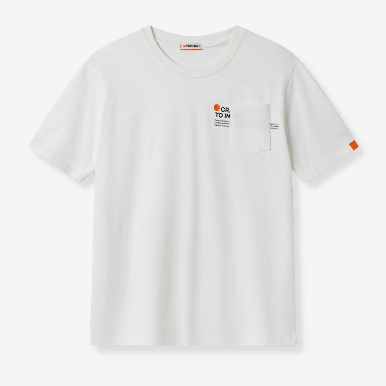 White t-shirt with "Crafted to Inspire" slogan and orange Pamuuc logo on pocket.