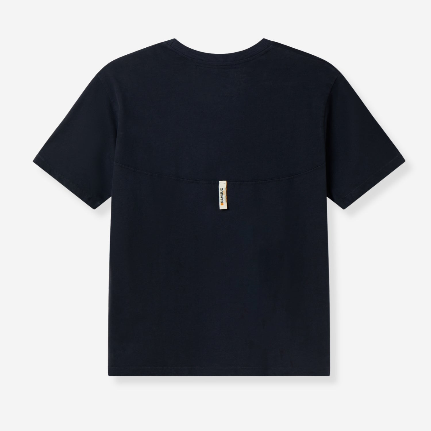 Back view of the navy Berlin Tee showing the Pamuuc label on the neckline.