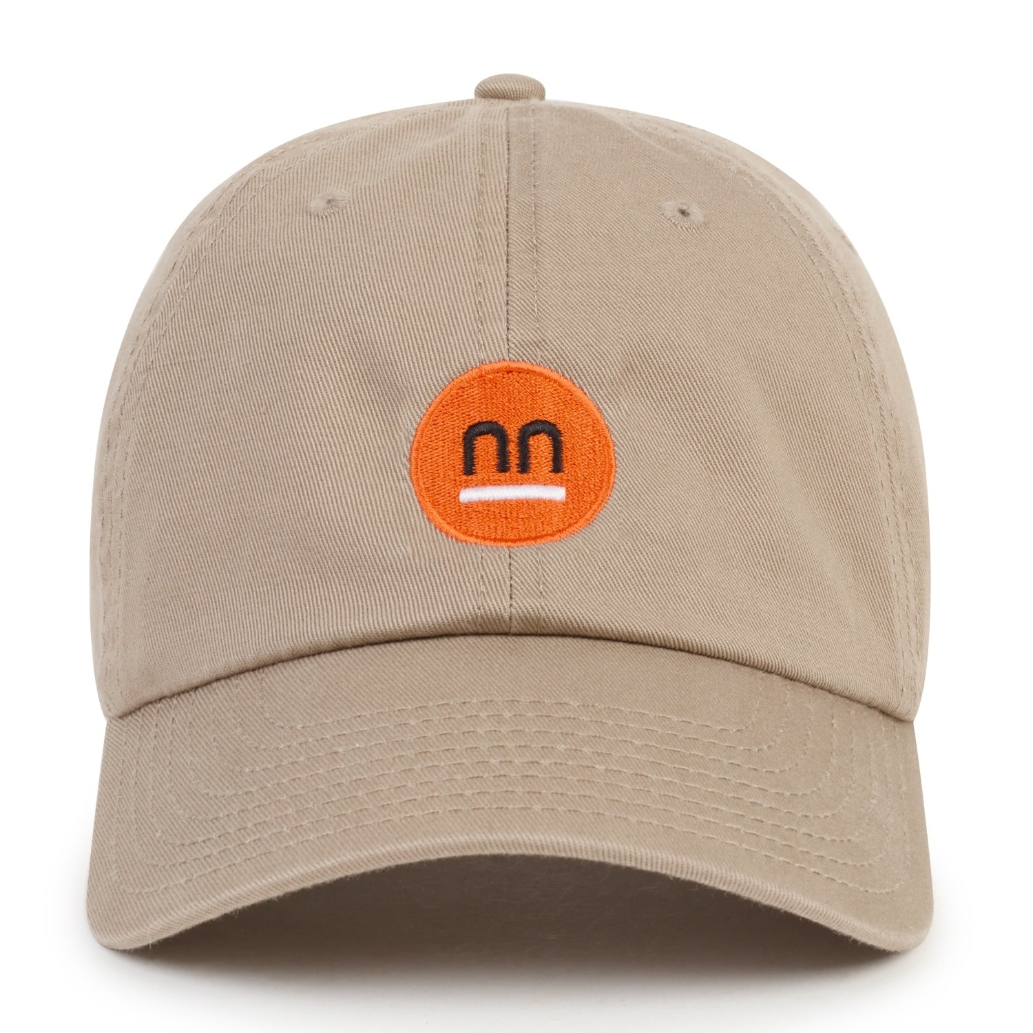 Front view of a beige baseball cap with the orange Pamuuc logo embroidered on the front.