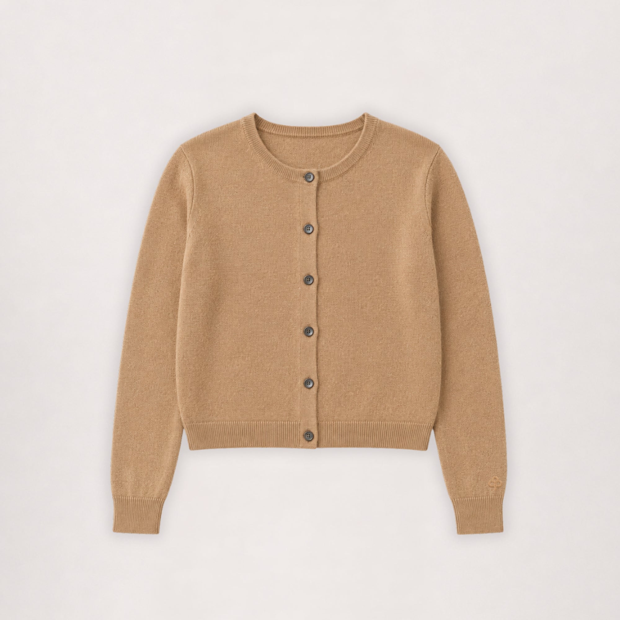 Merino cardigan in camel, flat lay front view with button placket