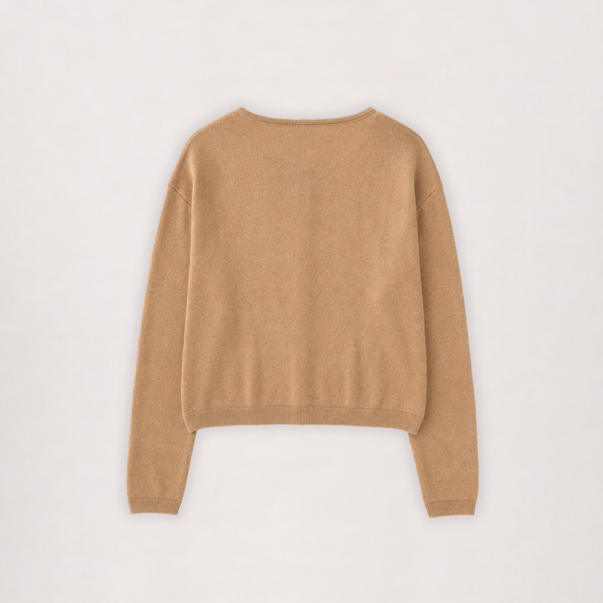 Merino cardigan in camel, flat lay back view