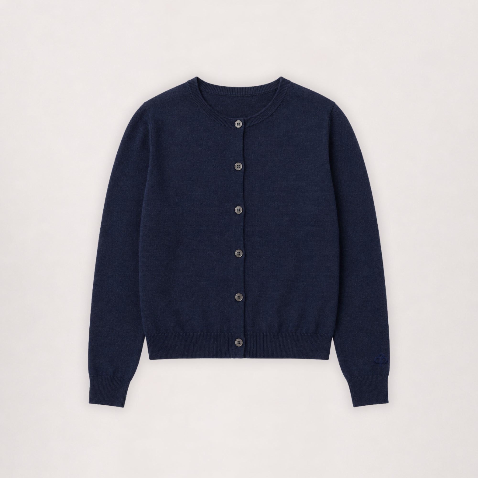Merino cardigan in navy, flat lay front view with button placket