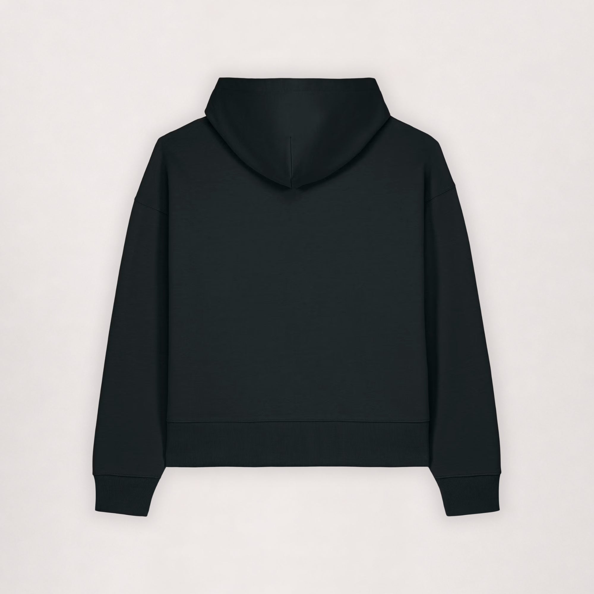 Oversize cotton hoodie in black, flat lay back view with hood