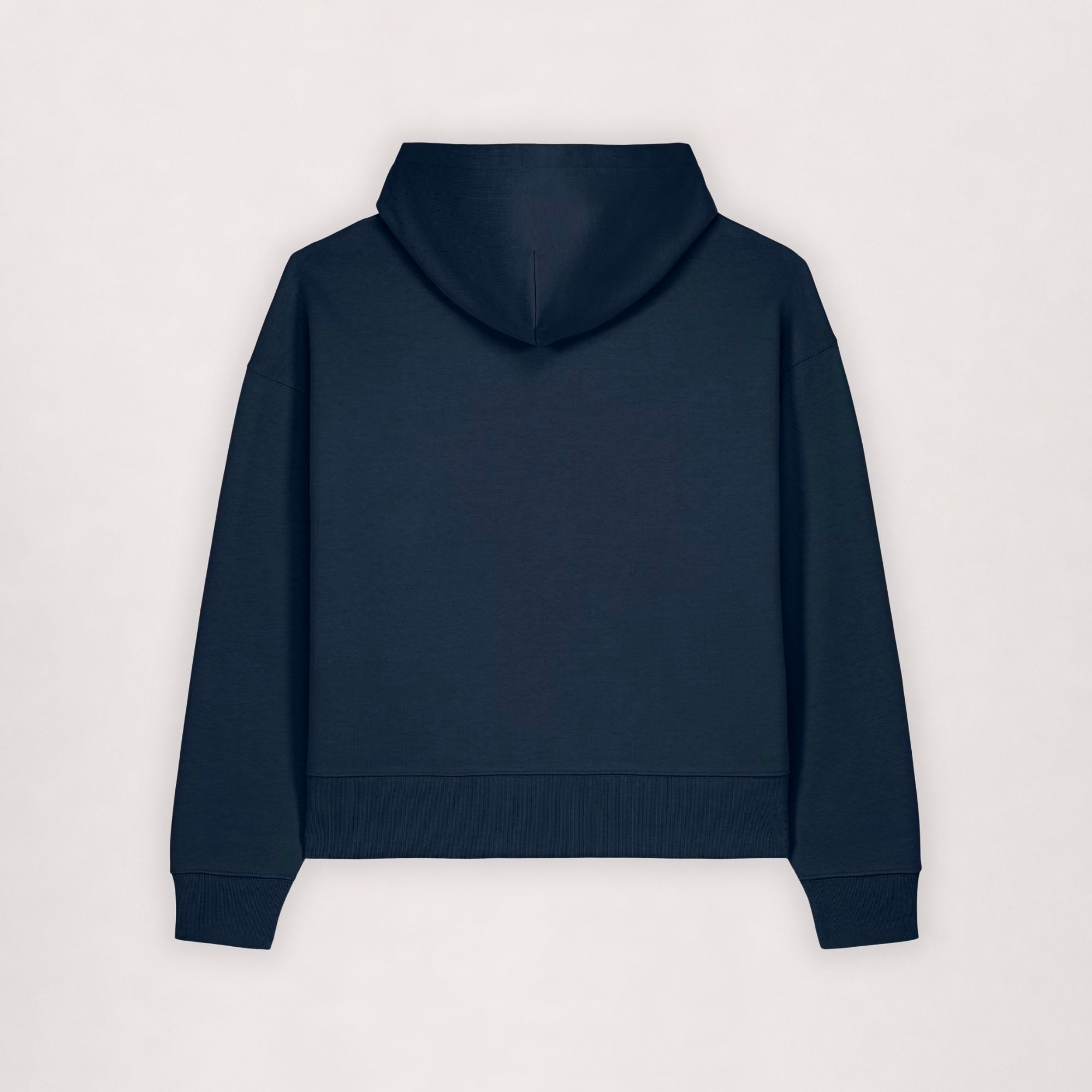 Oversize cotton hoodie in navy, flat lay back view with hood