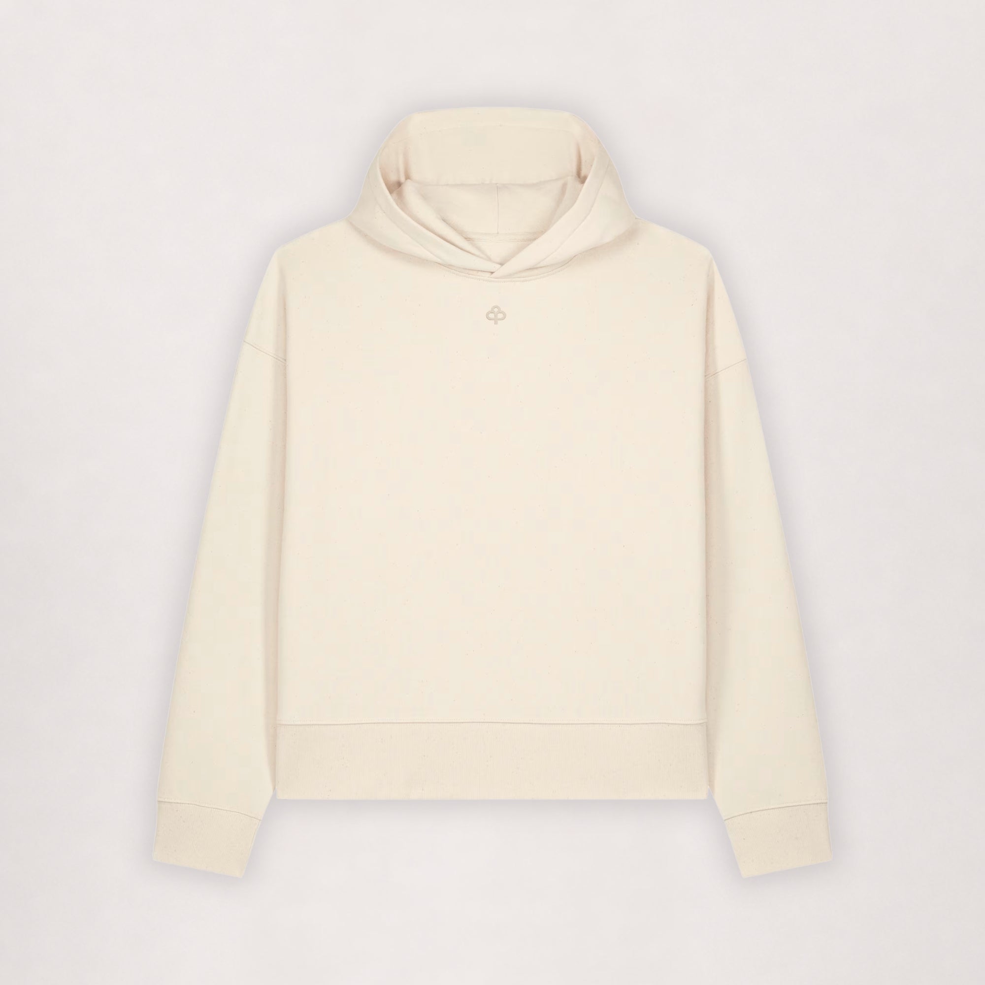 Oversize cotton hoodie in off-white, flat lay front view with embroidered logo