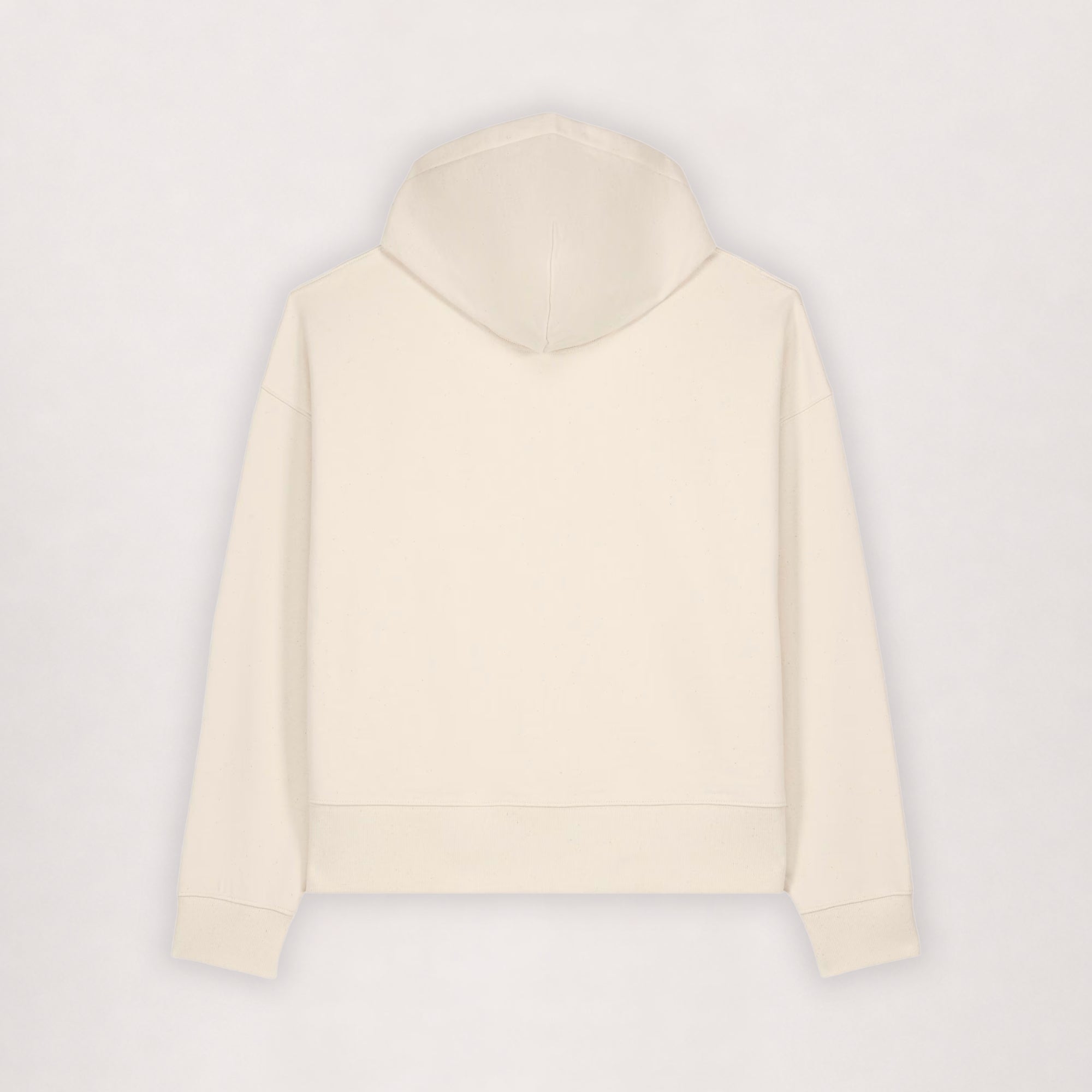 Oversize cotton hoodie in off-white, flat lay back view with hood