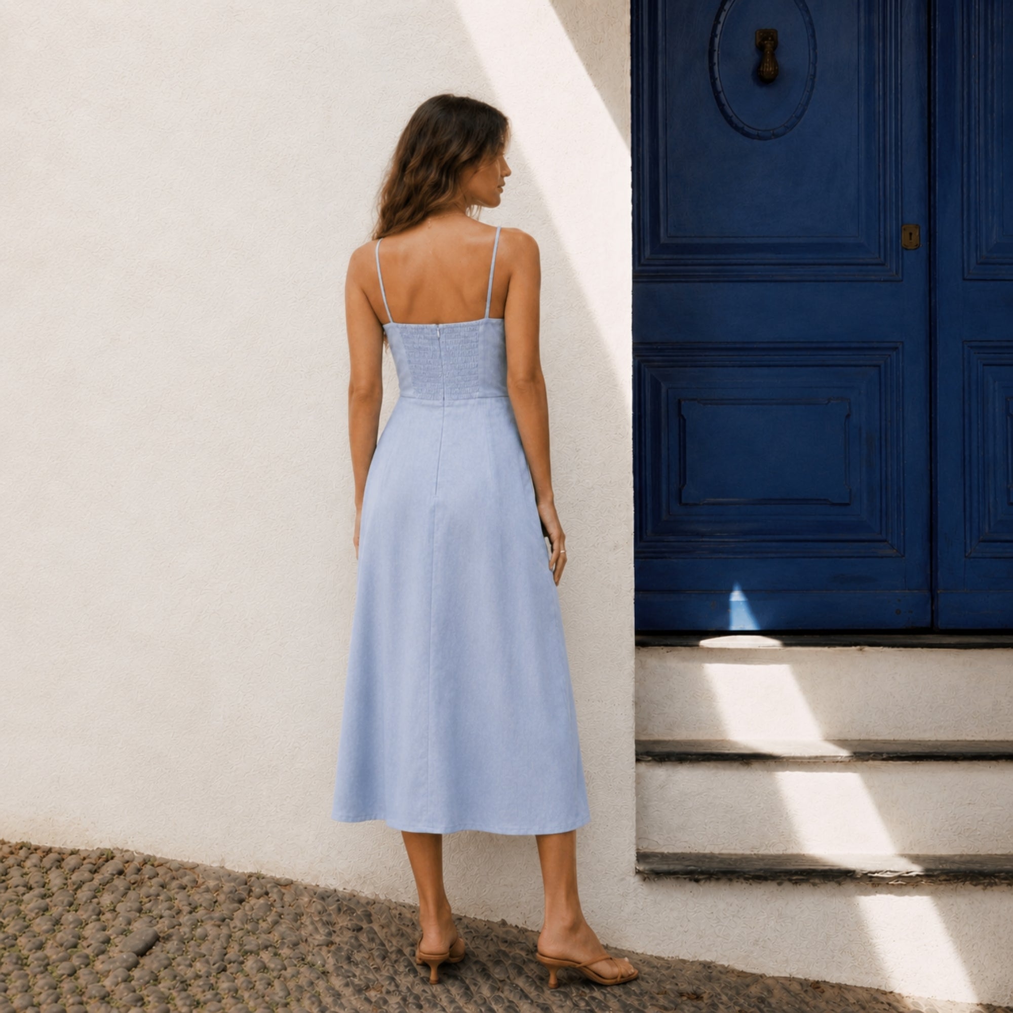 Linen Midi Dress in Light Blue, lifestyle view 4, showing neckline and dress silhouette