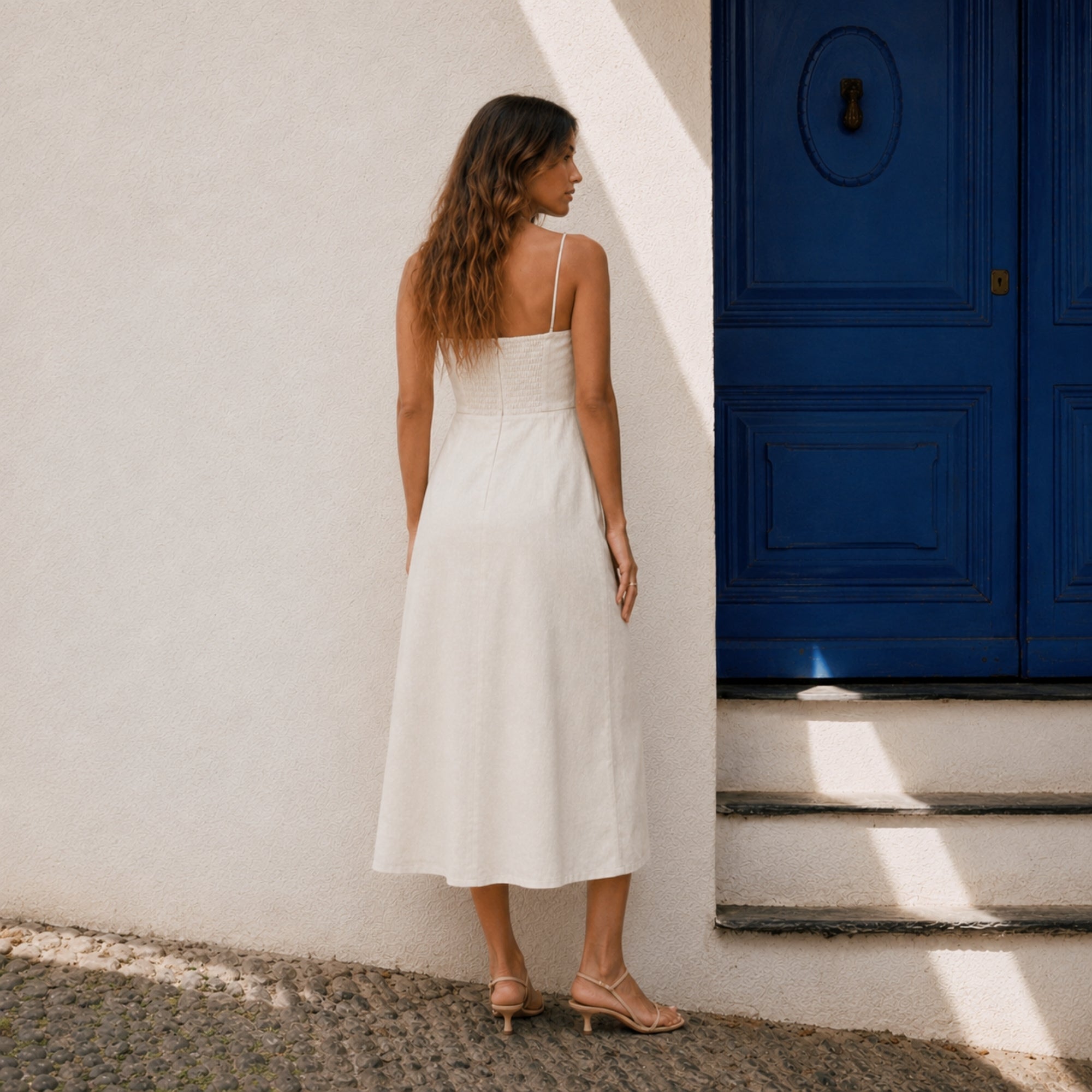 Linen Midi Dress in Off White, lifestyle view 4, showing neckline and dress silhouette