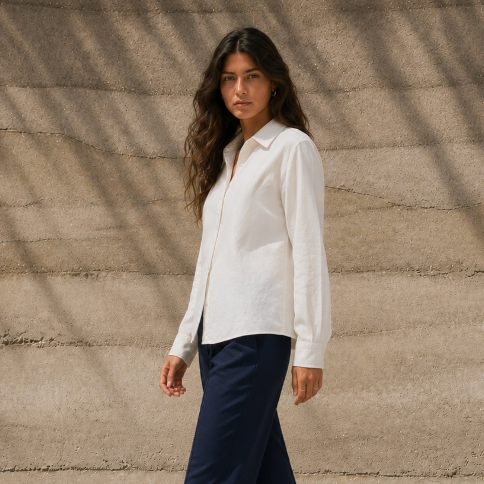 Regular Fit Linen Shirt in Off White, lifestyle view 3, showing collar, hem and relaxed tailoring
