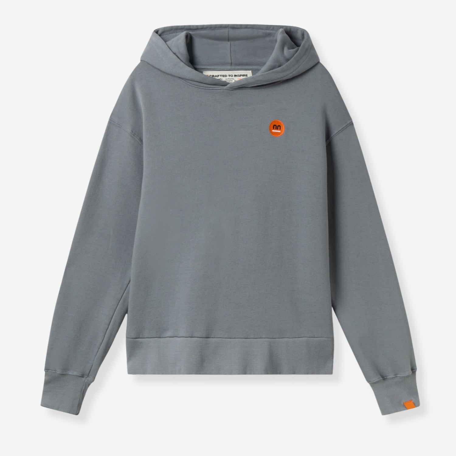 Grey hoodie front view with Pamuuc isotope logo on chest