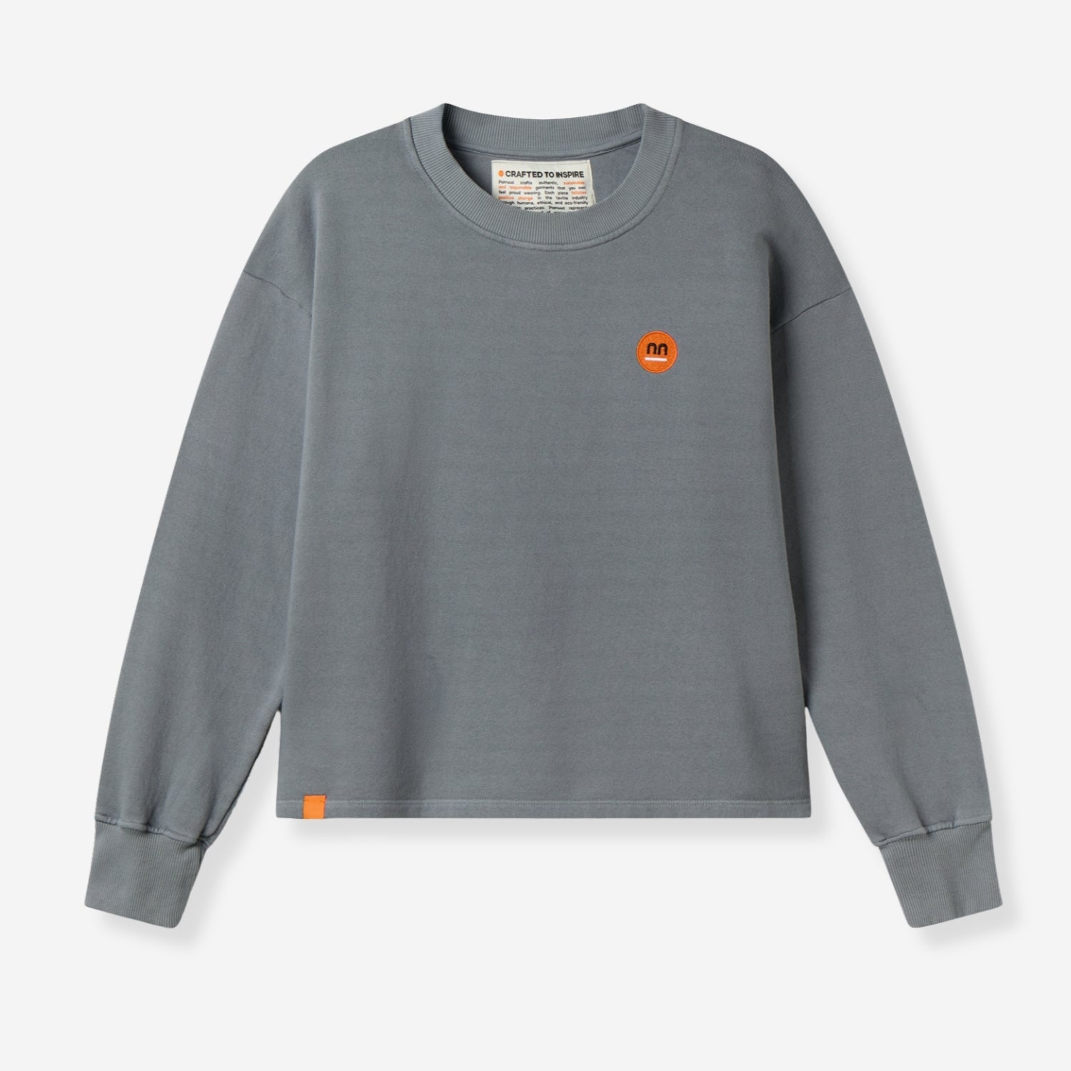 Grey women crewneck front with Pamuuc isotope logo embroidery