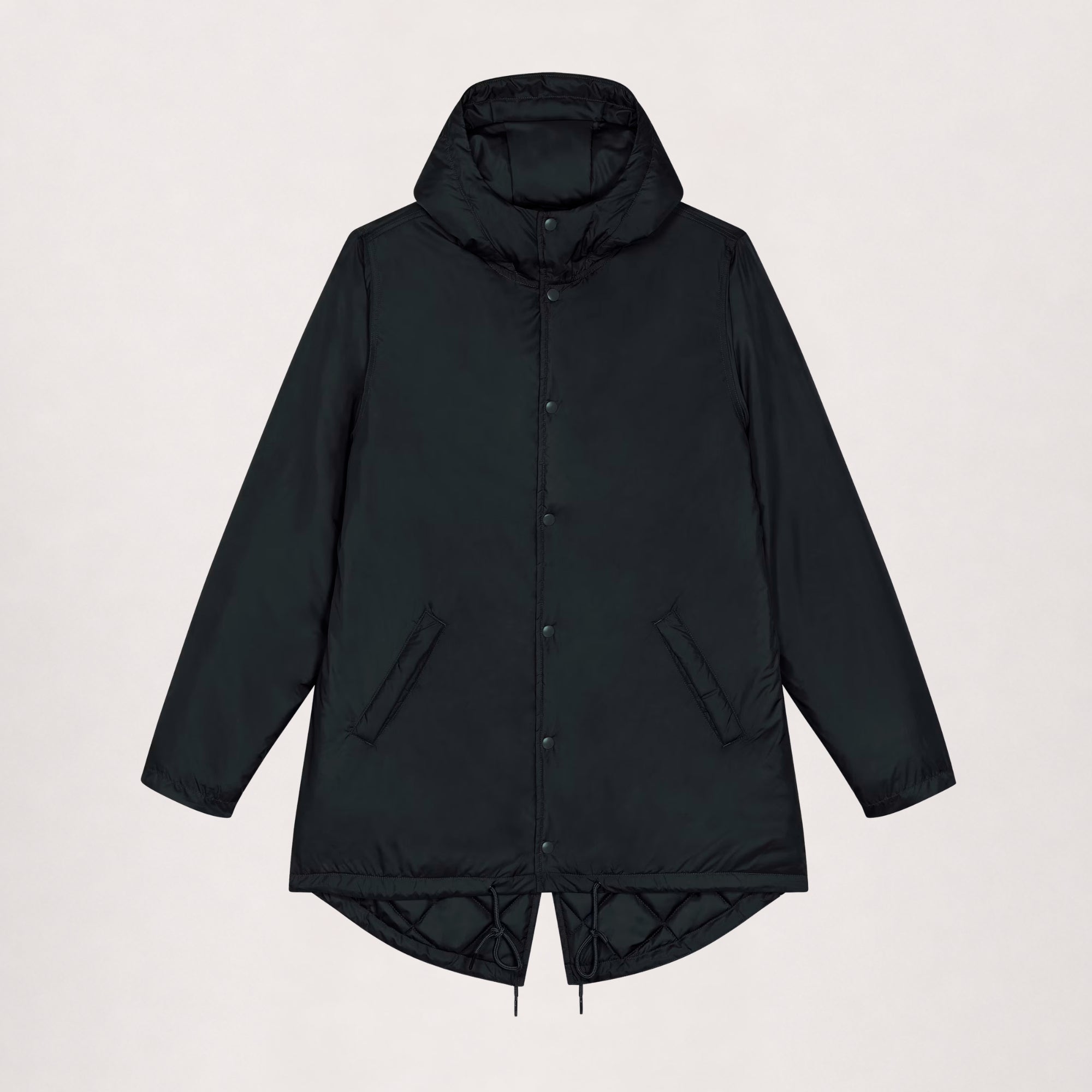 Padded parka in black, flat lay front view with snap placket and side pockets