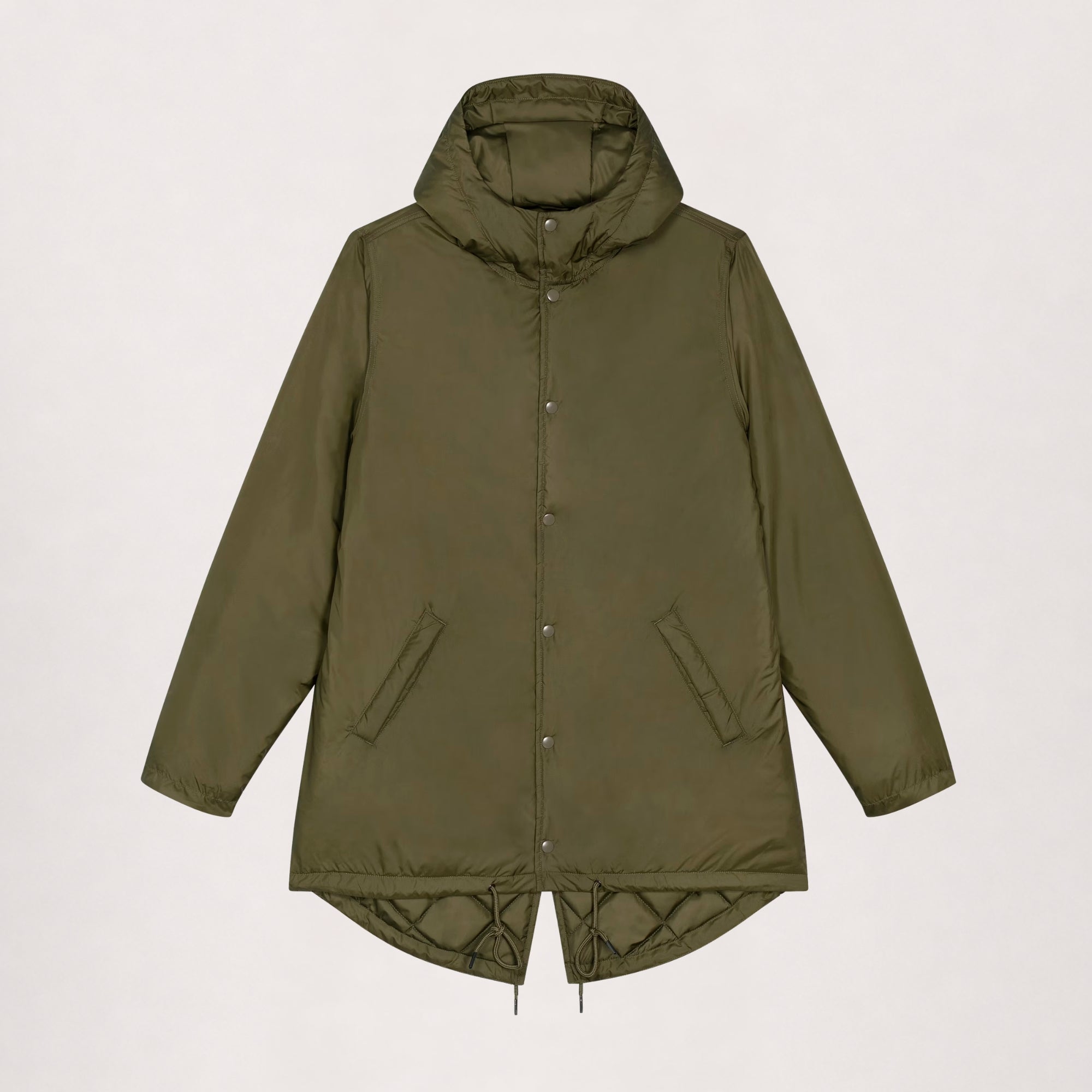 Padded parka in khaki, flat lay front view with snap placket and side pockets
