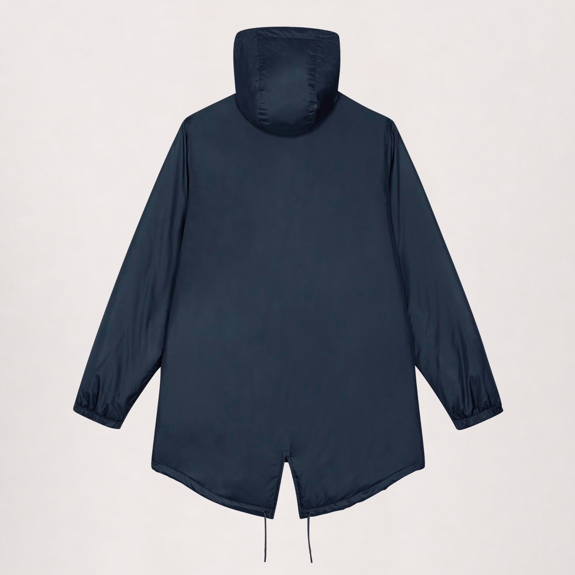 Padded parka in navy, flat lay back view with fishtail hem and drawcord