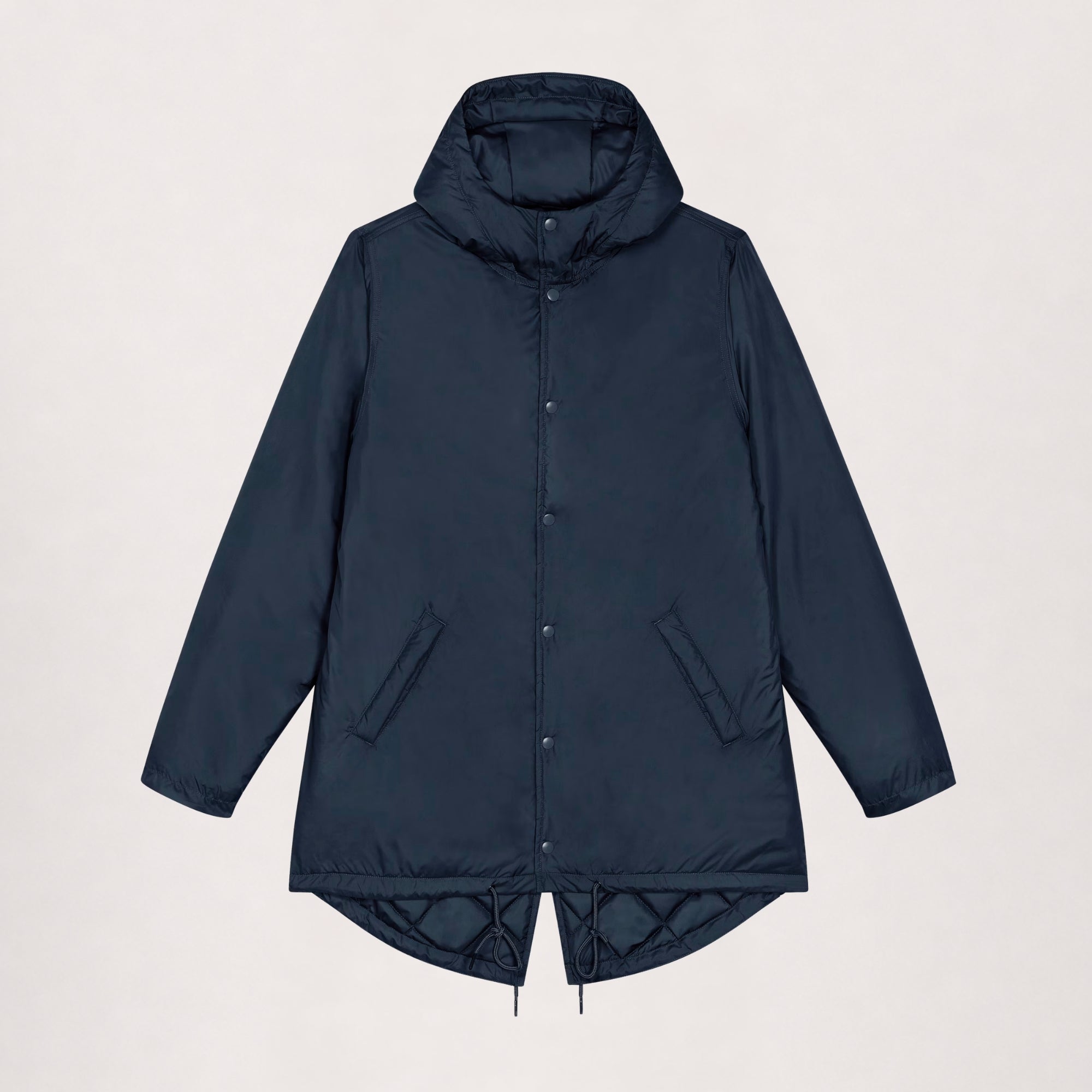 Padded parka in navy, flat lay front view with snap placket and side pockets