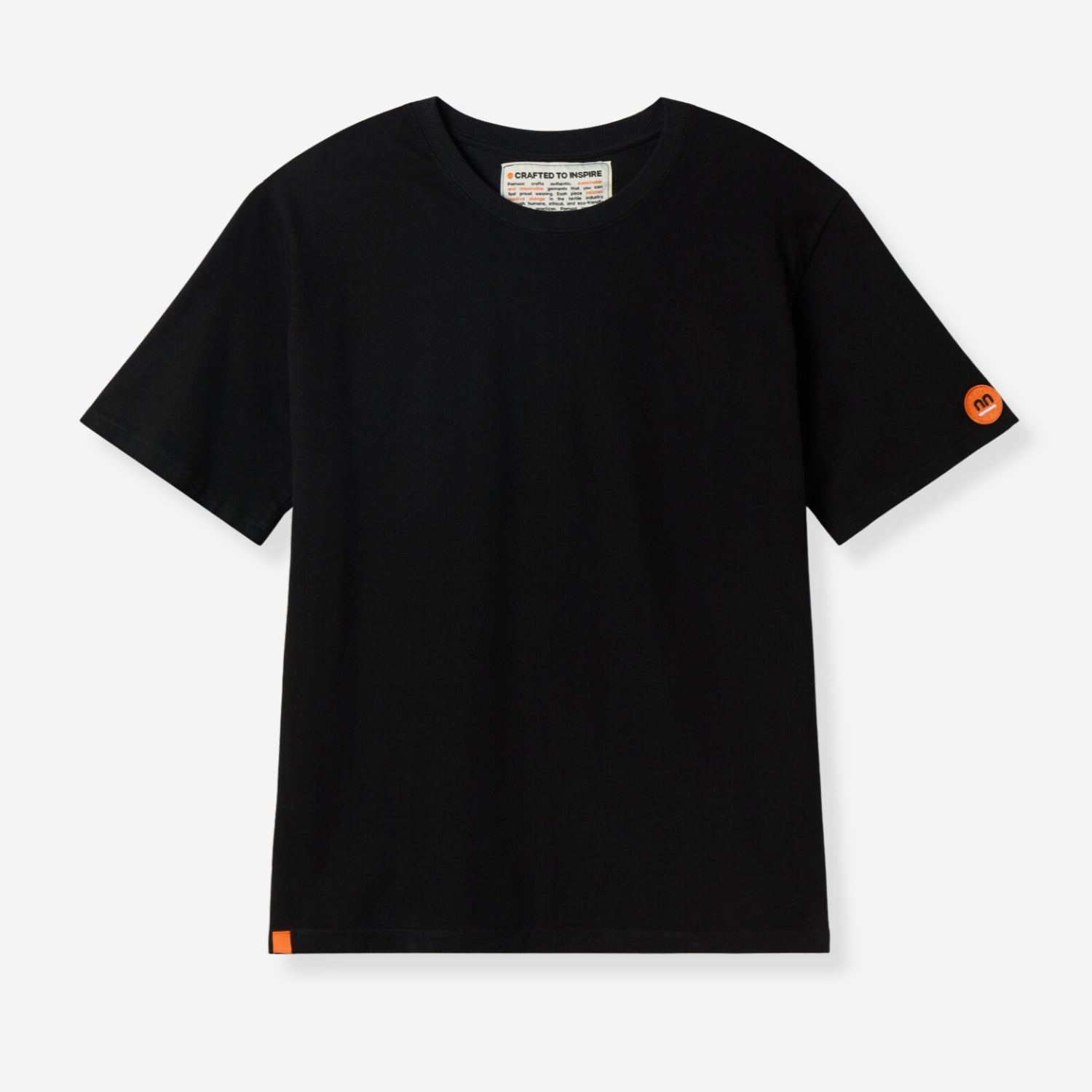 Front of black t-shirt with pamuuc isotope embroidered on left sleeve and orange woven label