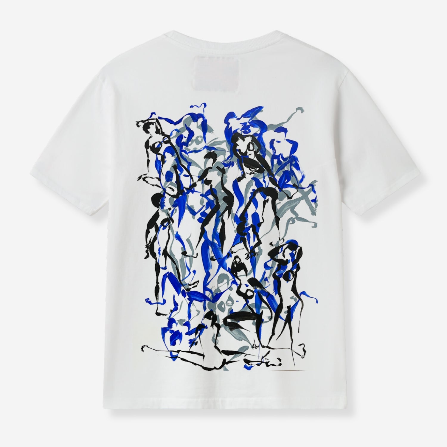 White t-shirt made of 100% organic cotton with abstract blue and black artwork on the back.