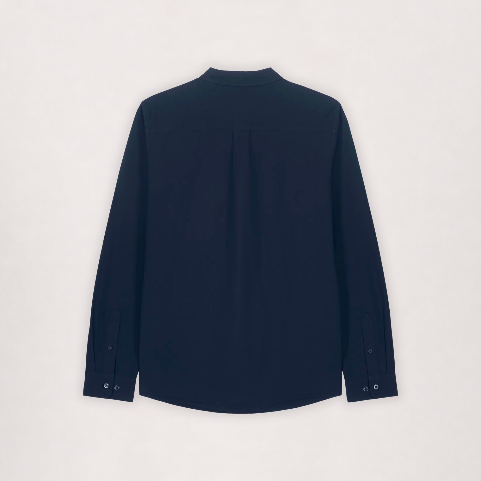Poplin shirt in navy, flat lay back view with yoke seam