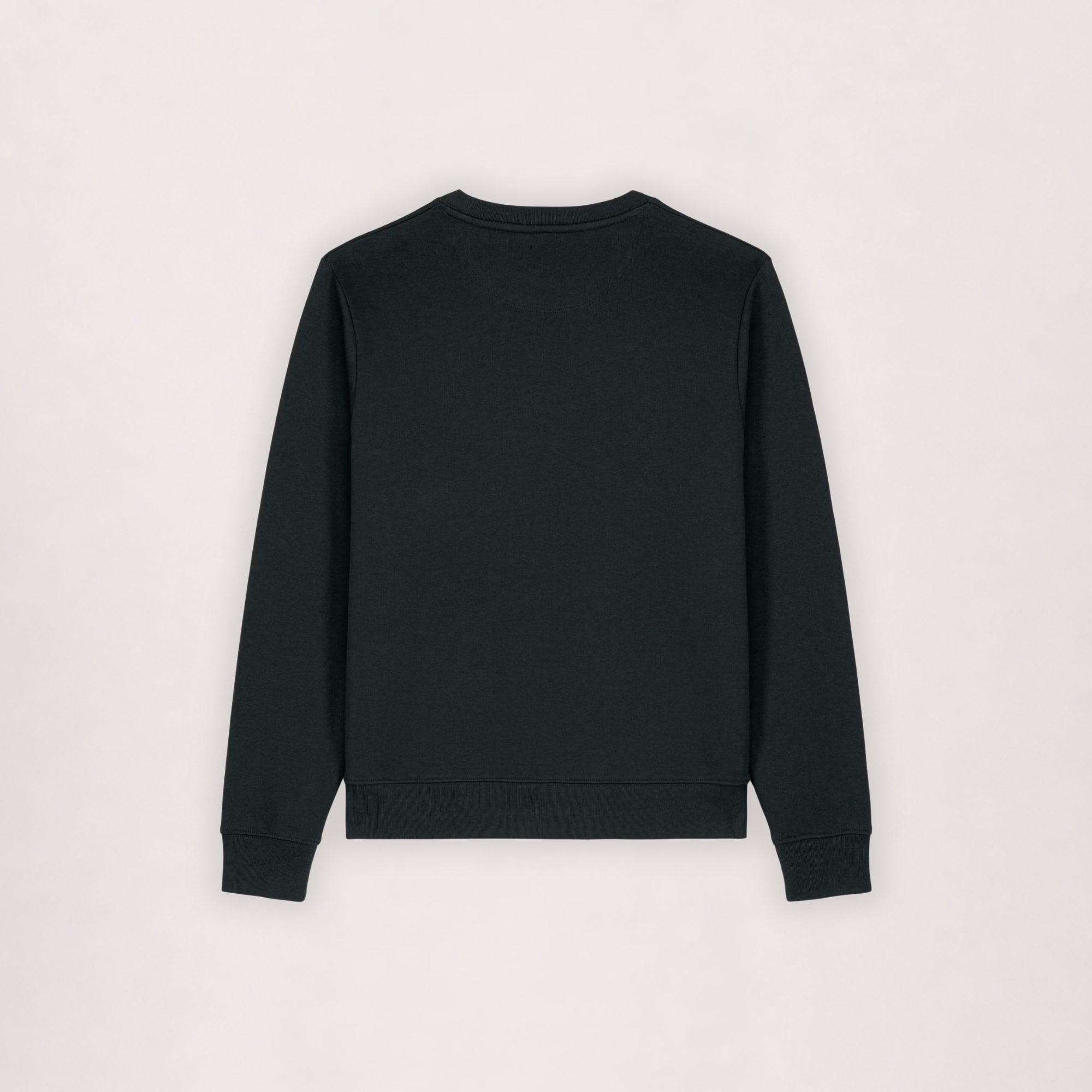 Cotton sweatshirt in black, flat lay back view with ribbed cuffs
