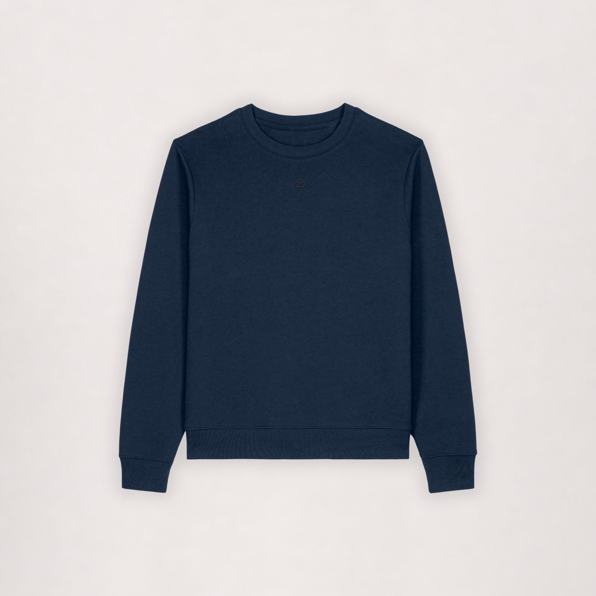 Cotton sweatshirt in navy, flat lay front view with ribbed neckband