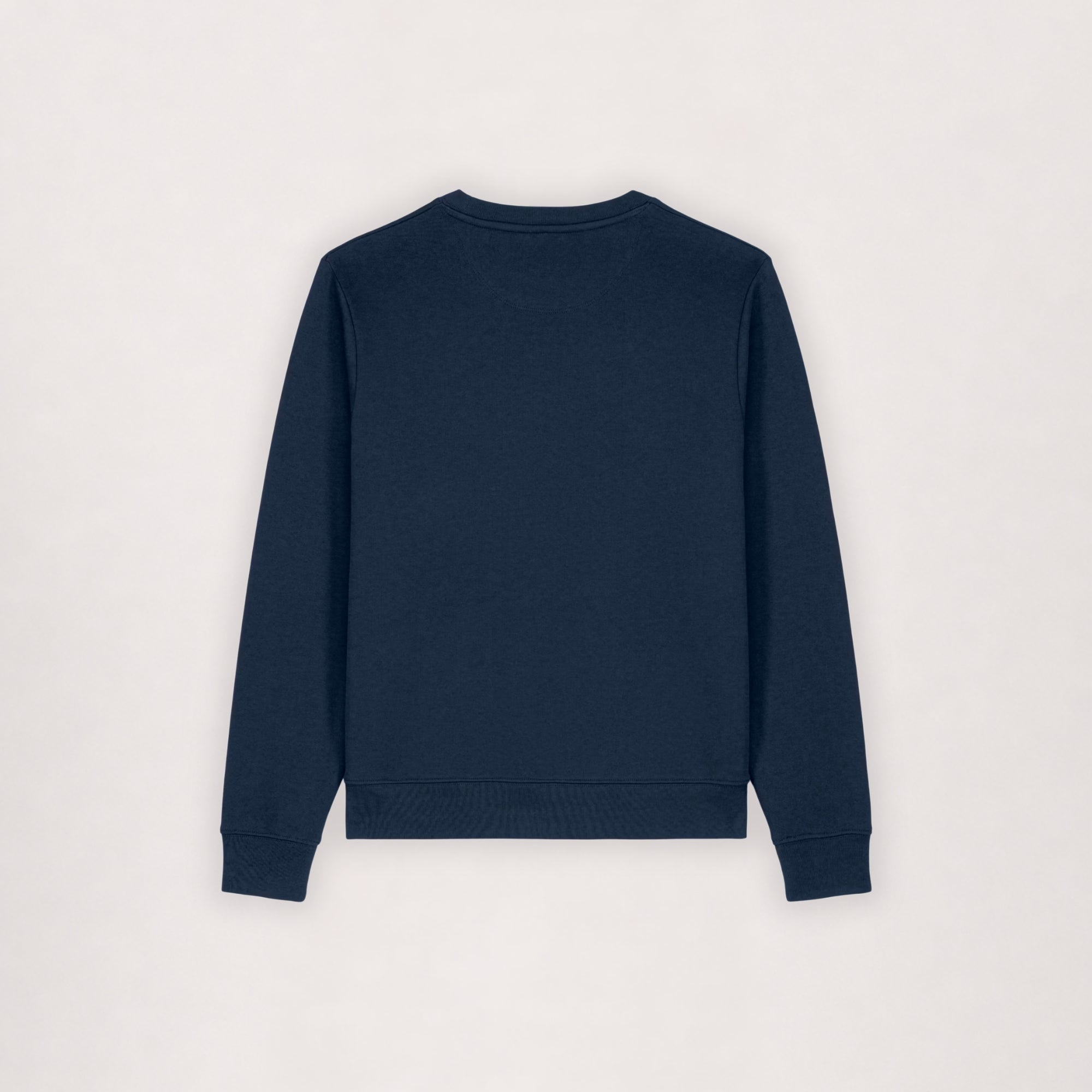 Cotton sweatshirt in navy, flat lay back view with ribbed cuffs