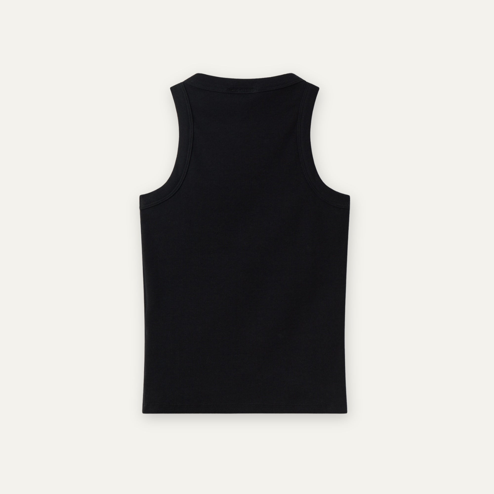 Schwarzes Tanktop aus gerippter Baumwolle, alternative Rückansicht mit geradem Saum und glatter, taillierter Silhouette