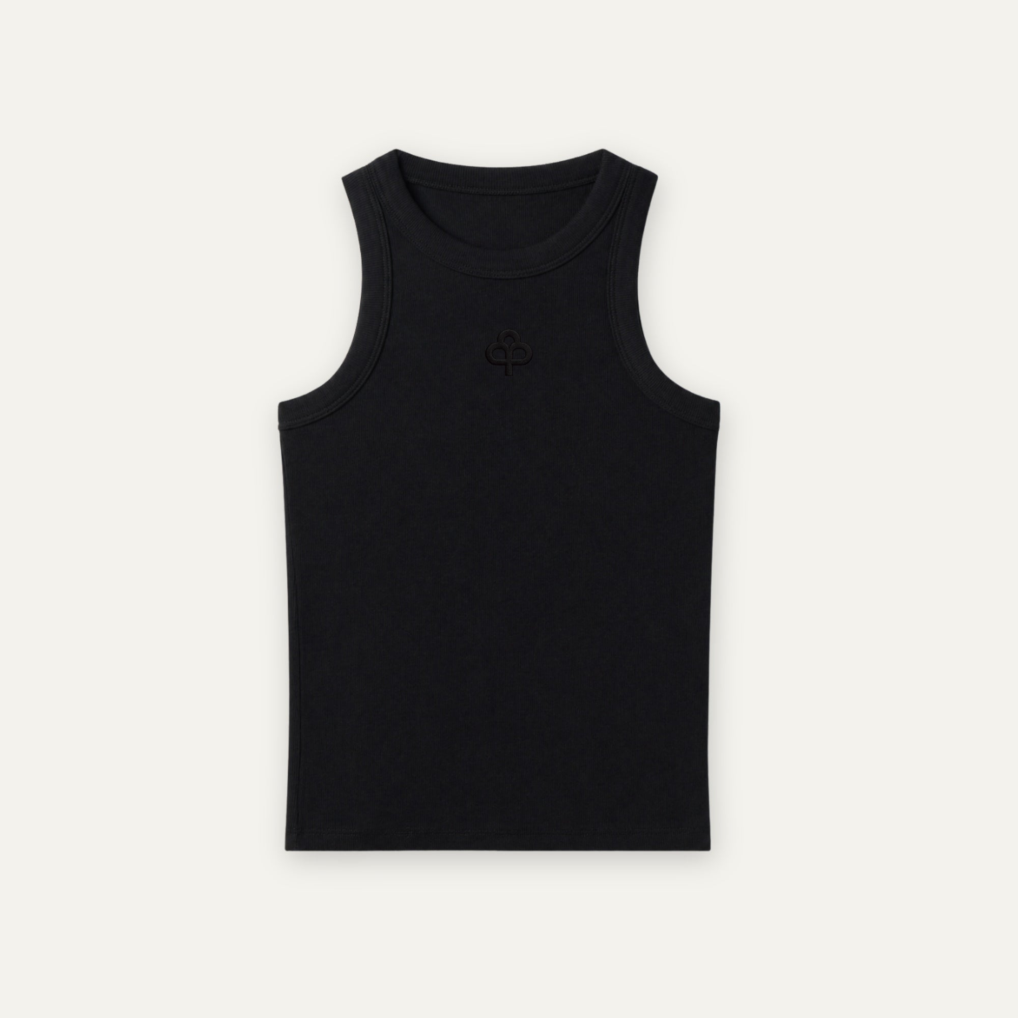 Schwarzes Tanktop aus gerippter Baumwolle, alternative Vorderansicht mit verstärktem Ausschnitt und Armlocheinfassung