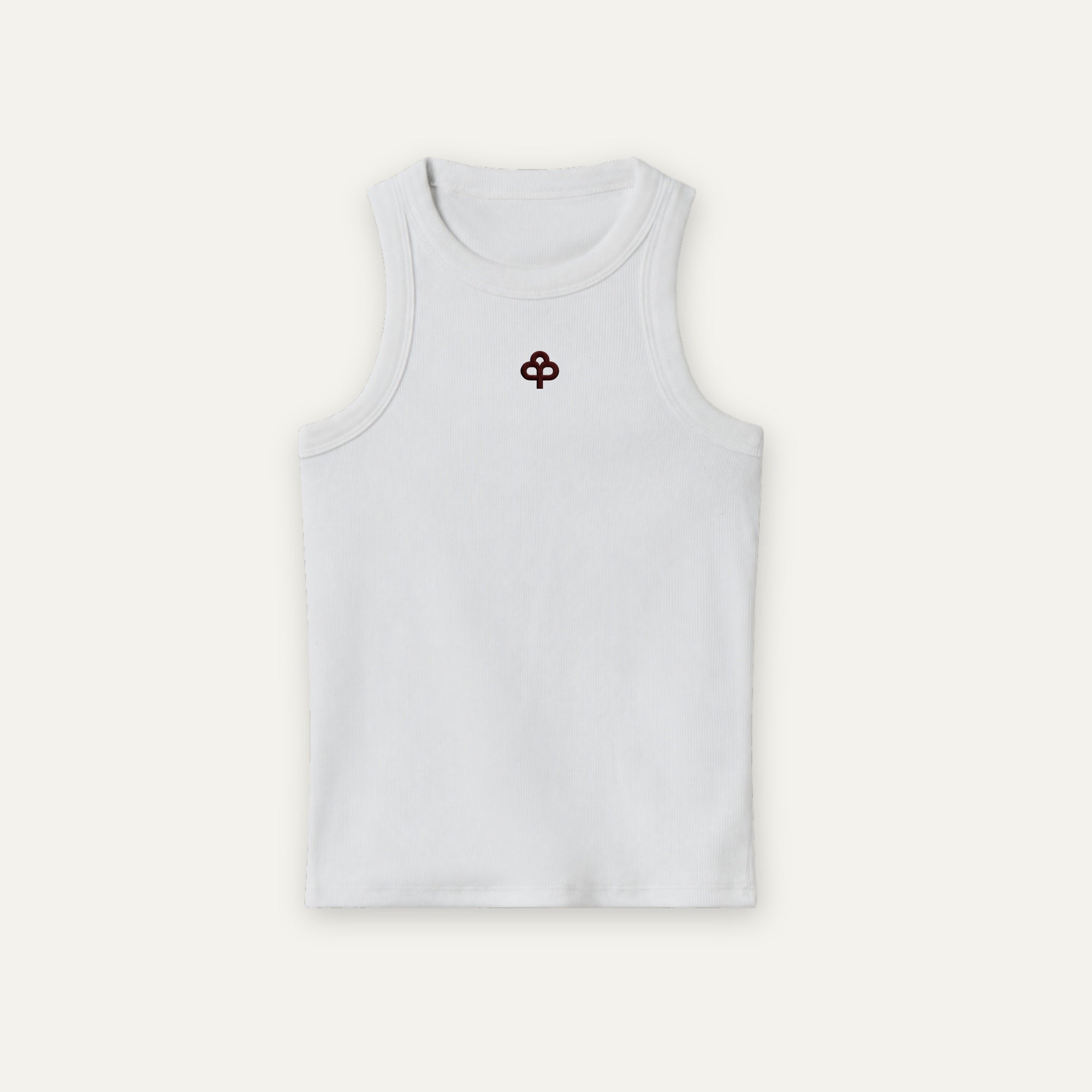 Weißes Tanktop aus gerippter Baumwolle, alternative Vorderansicht mit verstärktem Ausschnitt und Armlocheinfassung