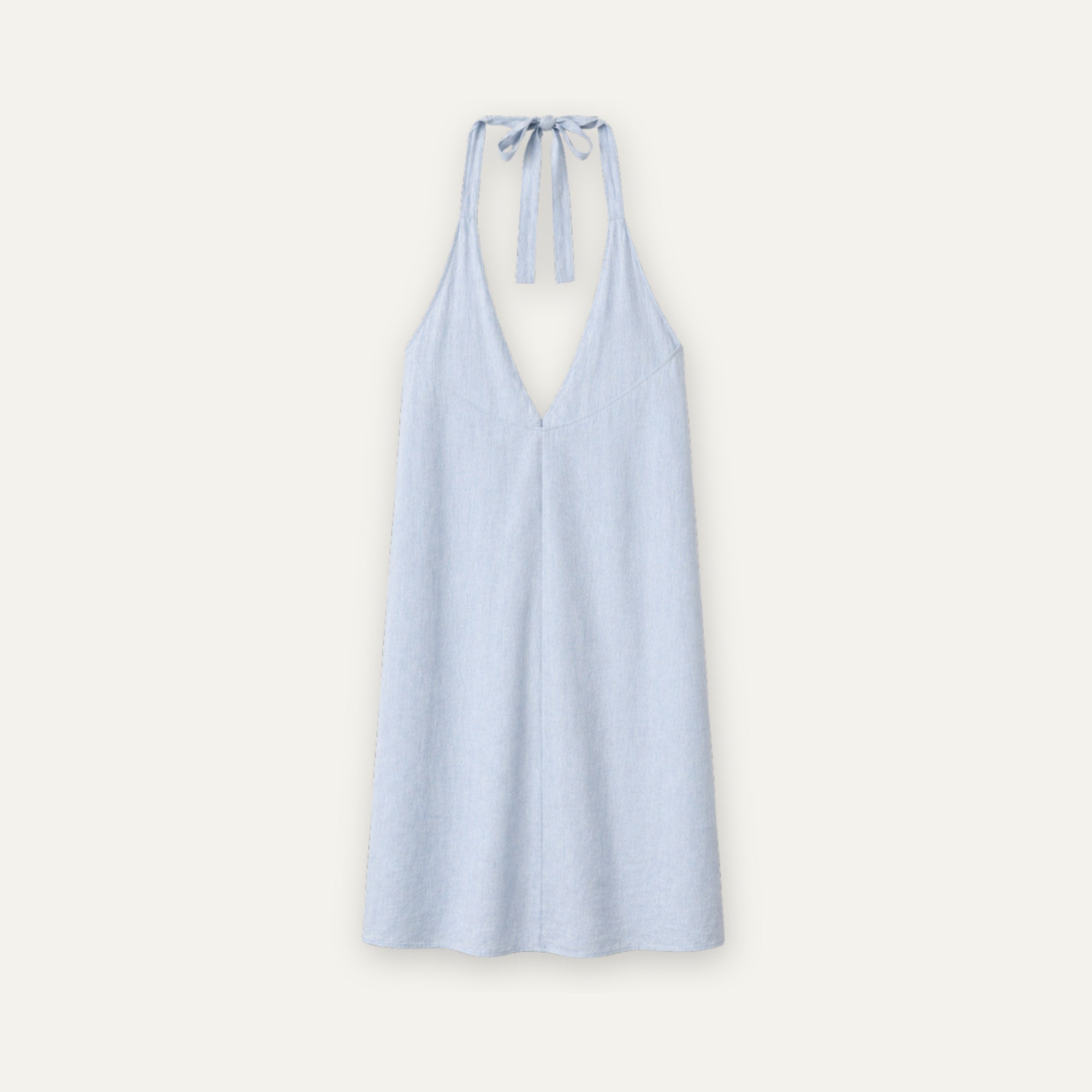 Vestido halter de lino en azul claro, vista trasera, mostrando el escote y la silueta del vestido