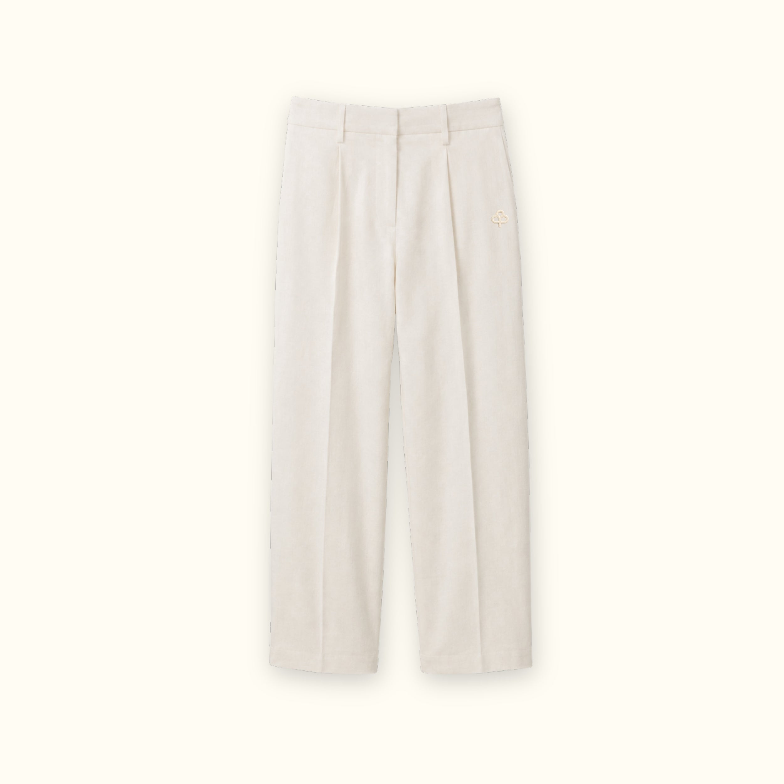 Pantalón straight leg de lino en Off White, vista frontal, mostrando las pinzas y la pierna recta
